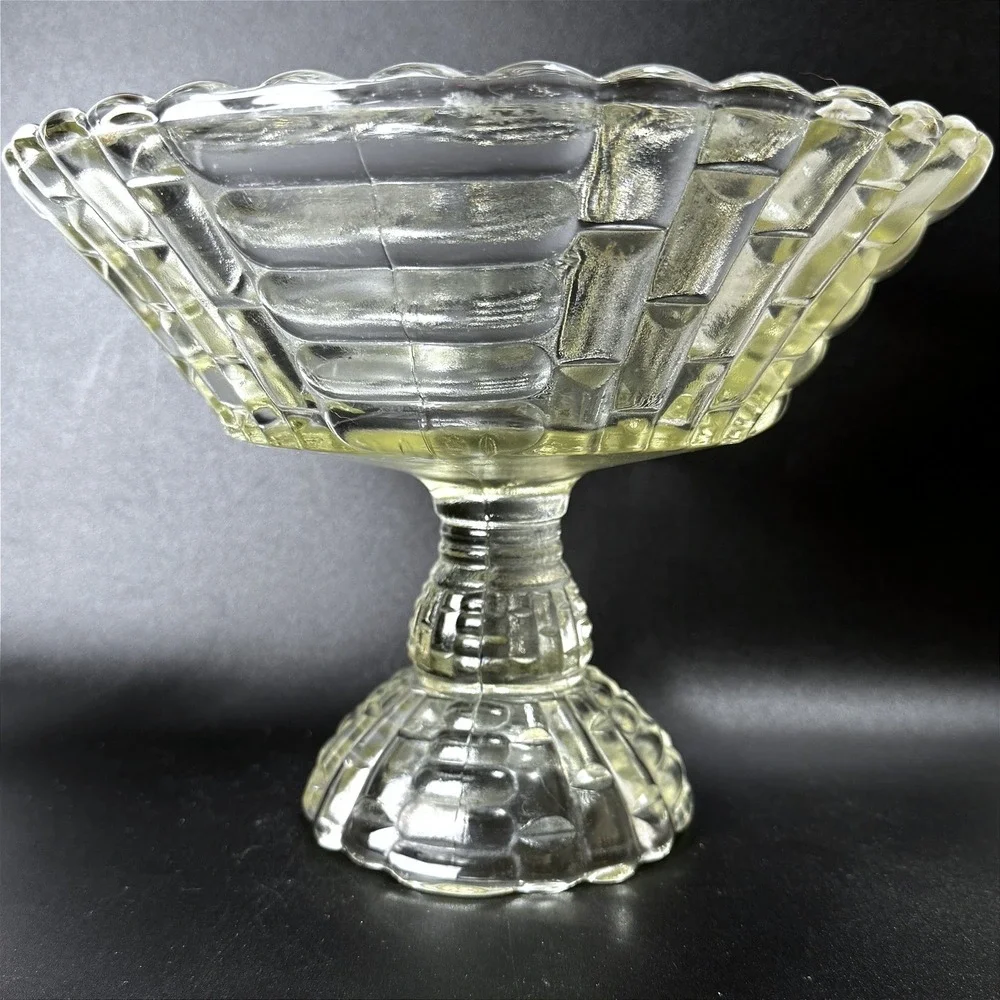 Jeannette Glass Louisa Clear Footed Compote Fruit Bowl Basket Weave Cottagecore